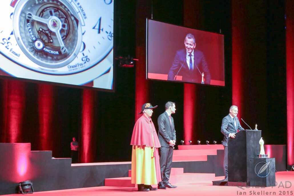 Patrik Hoffmann, CEO of Ulysse Nardin, accepts the prize for best Tourbillon at the 2015 Grand Prix d’Horlogerie de Genève for the Ulysse Anchor Tourbillon