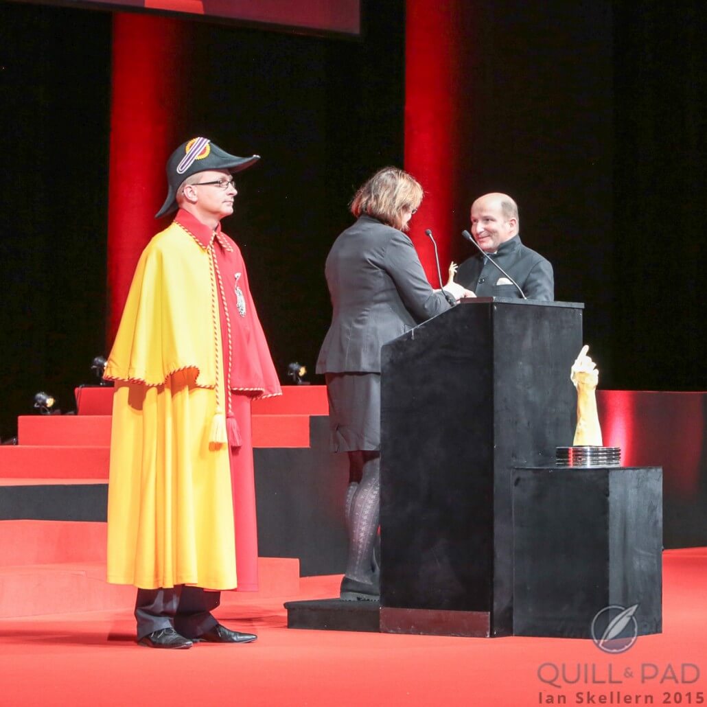 Kari Voutilainen accepting the prize for Men's watch at the 2015 Grand Prix d’Horlogerie de Genève for the Voutilainen GMR from the mayor of Geneva