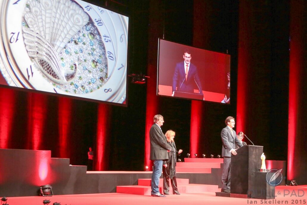 Fabergé CEO Sean Gilbertson accepts the Ladies' High-Mech prize at the 2015 Grand Prix d’Horlogerie de Genève for the Lady Compliquée Peacock