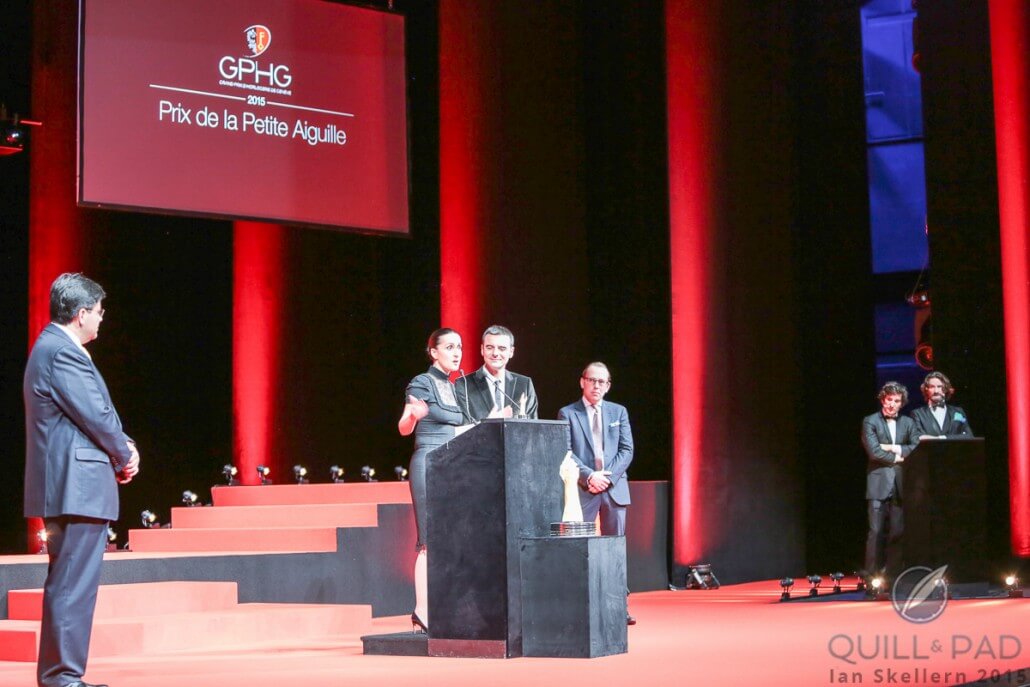 Maria and Richard Habring accept the Petite Aiguille prize for the Felix at the 2015 Grand Prix d’Horlogerie de Genève