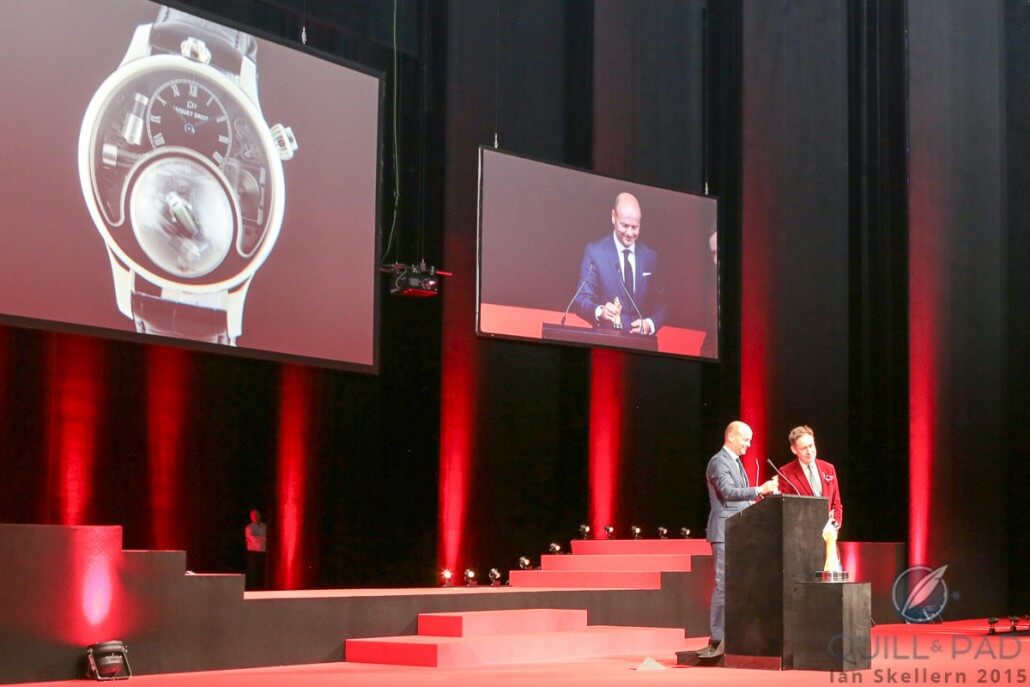 Christian Lattmann, vice president of Jaquet Droz, accepting the Mechanical Exception prize for The Charming Bird 