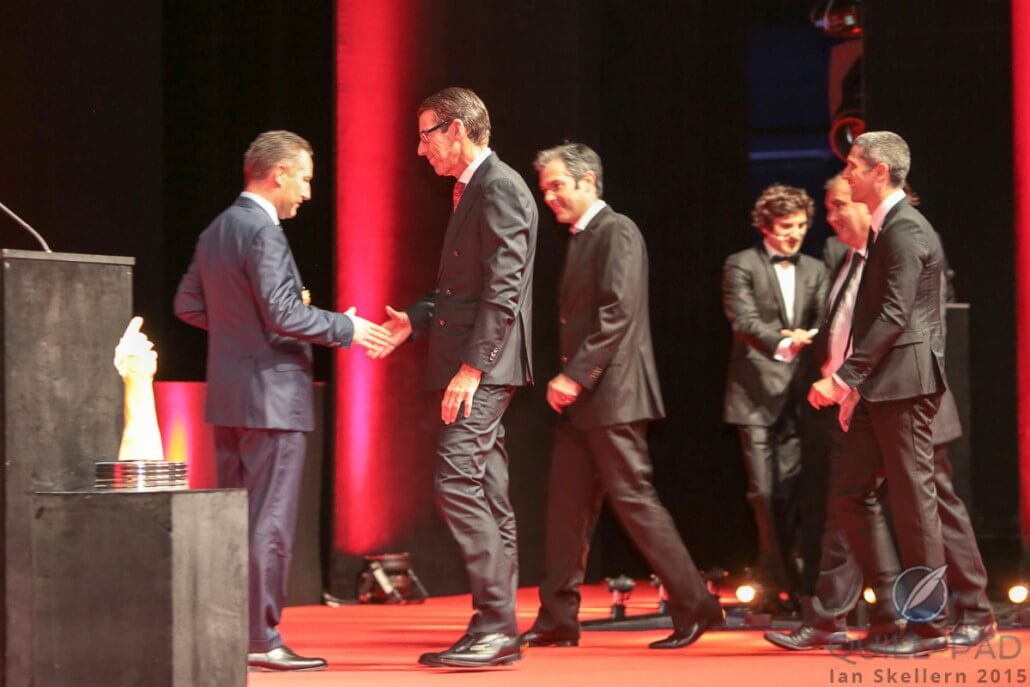 The team responsible for developing the Vacheron Constantin Reference 57260 accepts the Special Jury prize at the 2015 Grand Prix d’Horlogerie de Genève from Aurel Bacs: Micke Pintus, Yannick Pintus, Jean-Luc Perrin, and Christian Selmoni