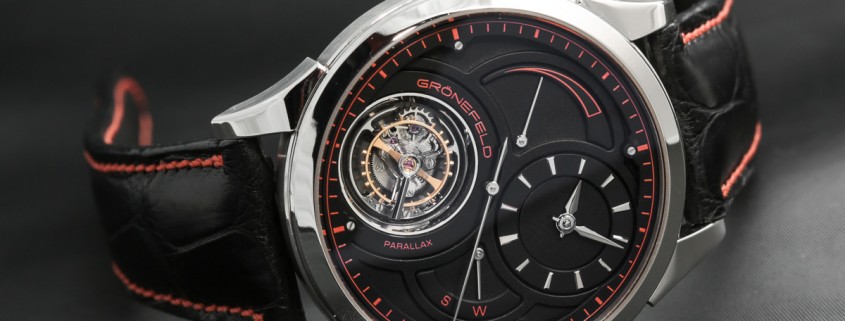 Grönefeld unique piece Parallax Tourbillon in platinum with blackened silver dial and striking red accents