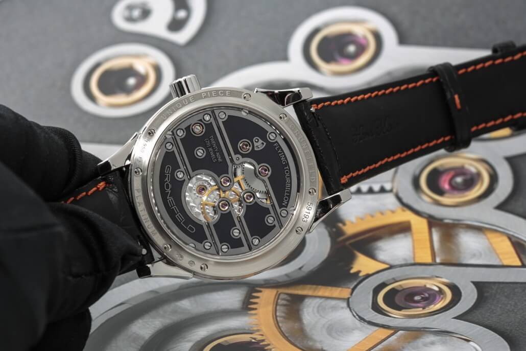 Movement side of the Grönefeld Parallax Tourbillon unique piece, which displays what is quite possibly the world's only partially ruthenium-coated stainless steel bridges
