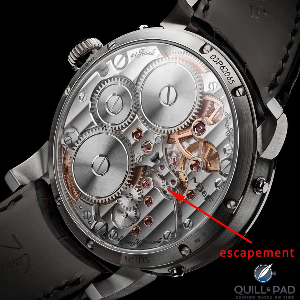 The escapement (indicated) is visible through the display back of the MB&F Legacy Machine Perpetual