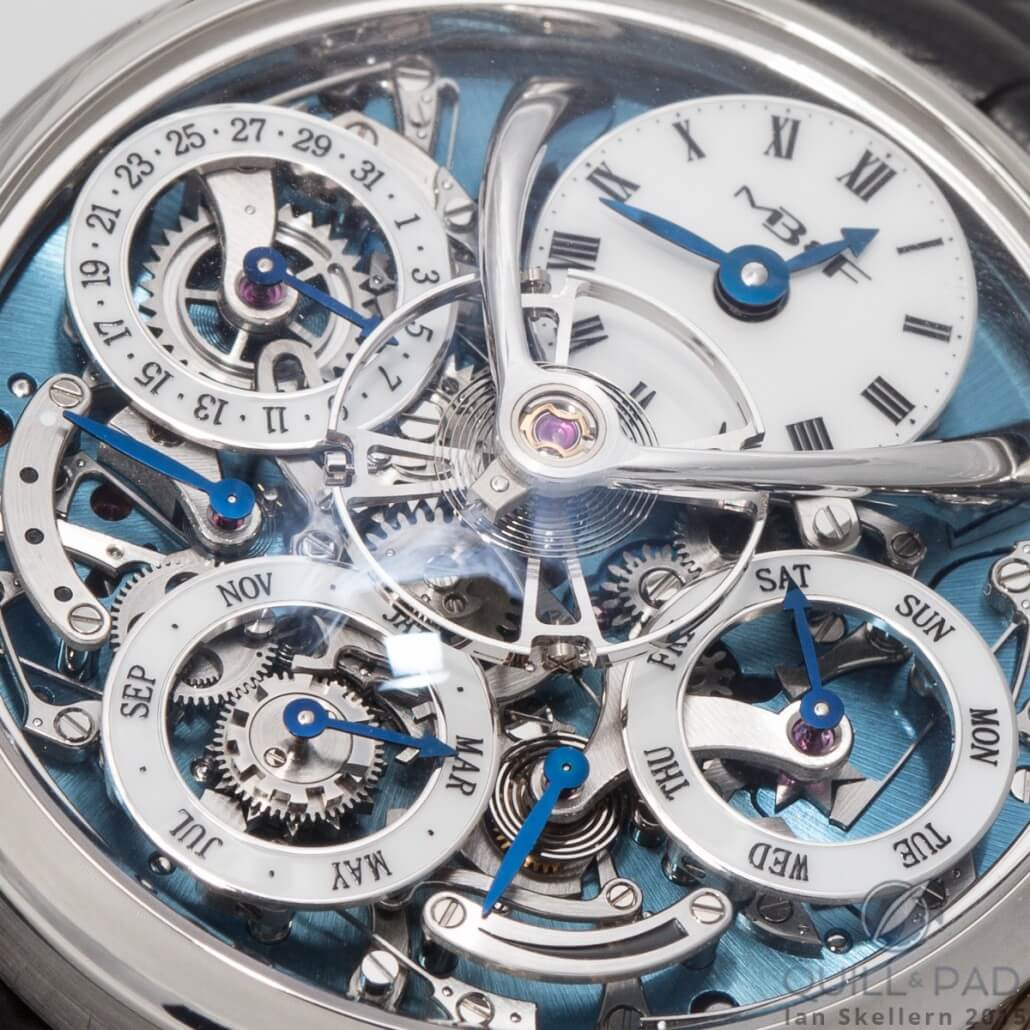 A close look at Legacy Machine Perpetual's complication, which is located above the blue (platinum model) main plate of the movement