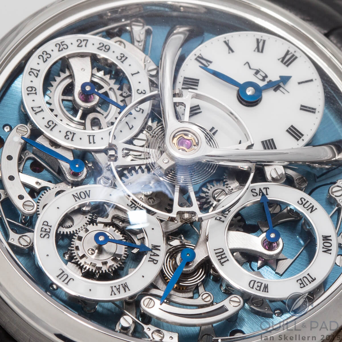 Close up look at Legacy Machine Perpetual's complication, which sits above the blue (in the platinum model) mainplate of the movement