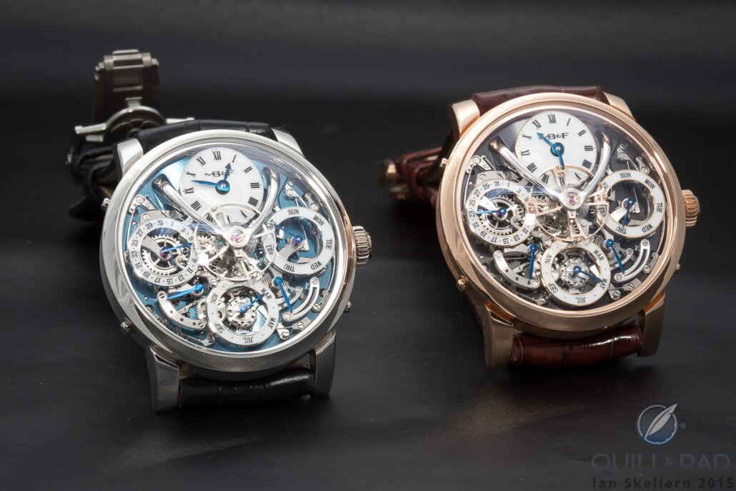 MB&F Legacy Machine Perpetual in platinum (left) and red gold