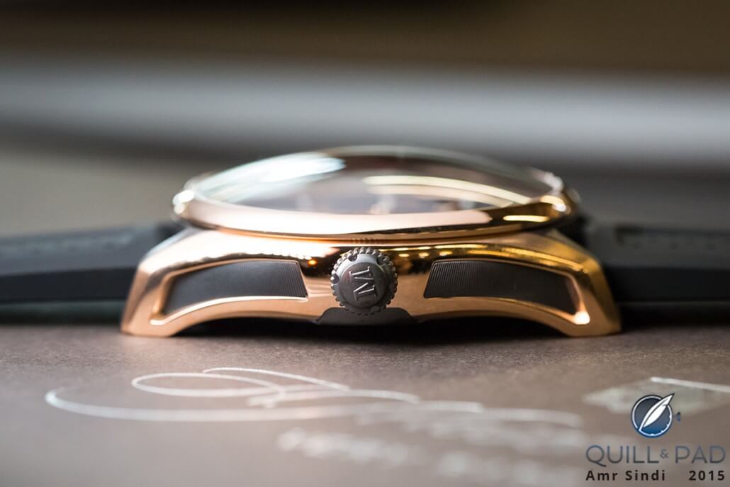 Side view of the red gold and black titanium Pioneer Center Seconds by H. Moser & Cie