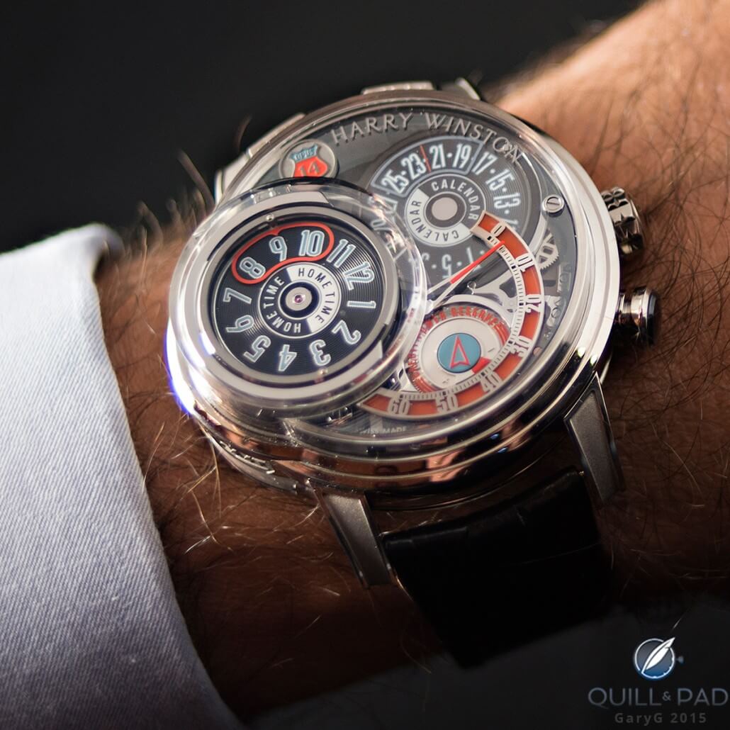 The Harry Winston Opus 14 on the wrist of Marc Hayek, with the calendar disc spinning into place