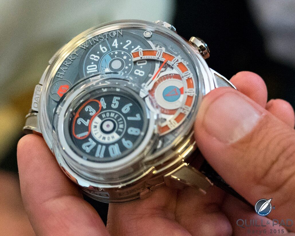 Useful information: the Harry Winston Opus 14 showing the home time and GMT dials