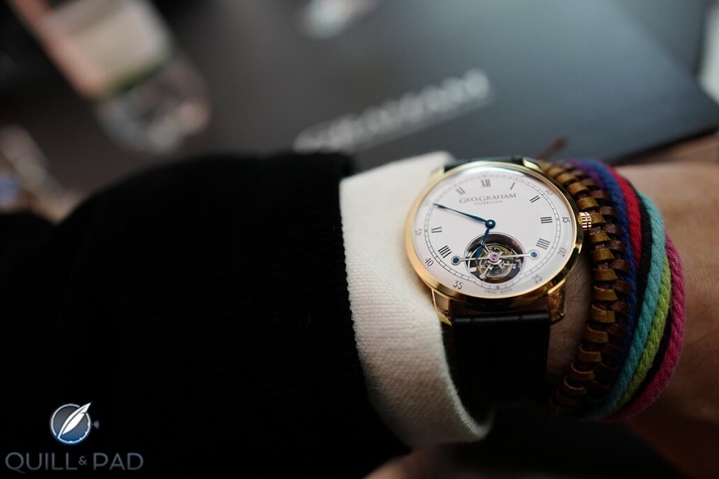 I love the affordable Slim Tourbillon by Graham in a gold case, white enamel dial, and crocodile skin strap