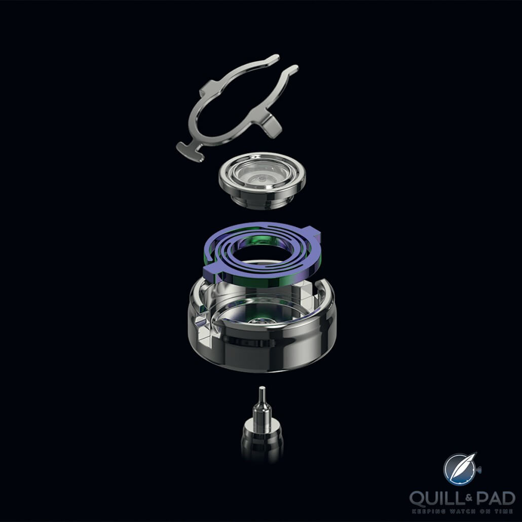 Exploded view of the components making up the UlyChoc system inside the Ulysse Nardin FreakLab, with the silicon shock protection spring in purple