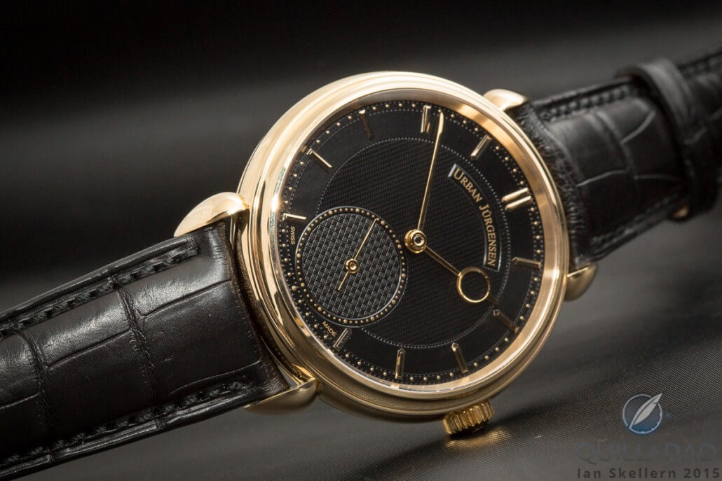 Urban Jürgensen Reference 1140L in yellow gold with a hand-guilloché black dial