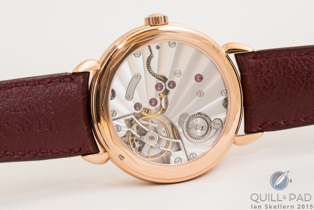 The back of Urban Jürgensen Reference 1140C, which shows off Caliber UJS08 with its pivoted detent escapement