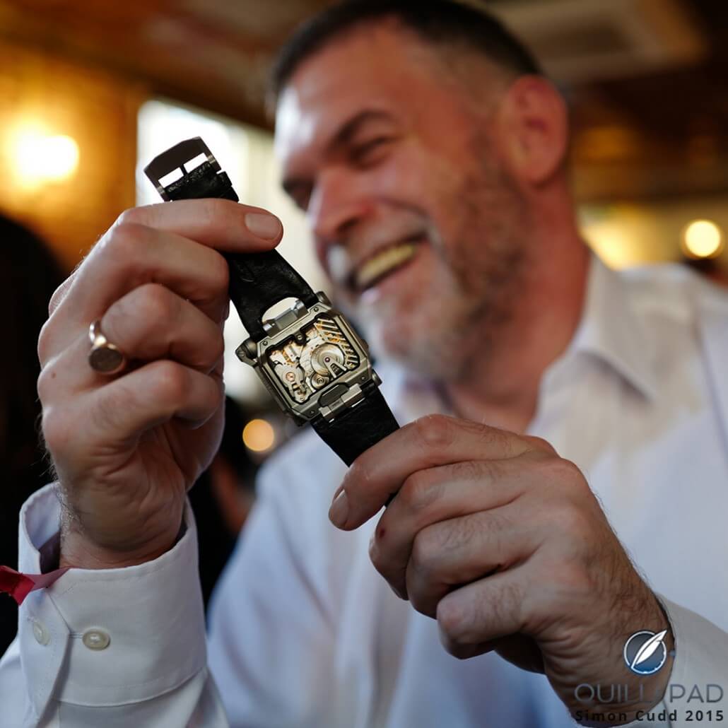 The Urwerk EMC Pistol from the back as demonstrated by Angus Davies of Escapement UK