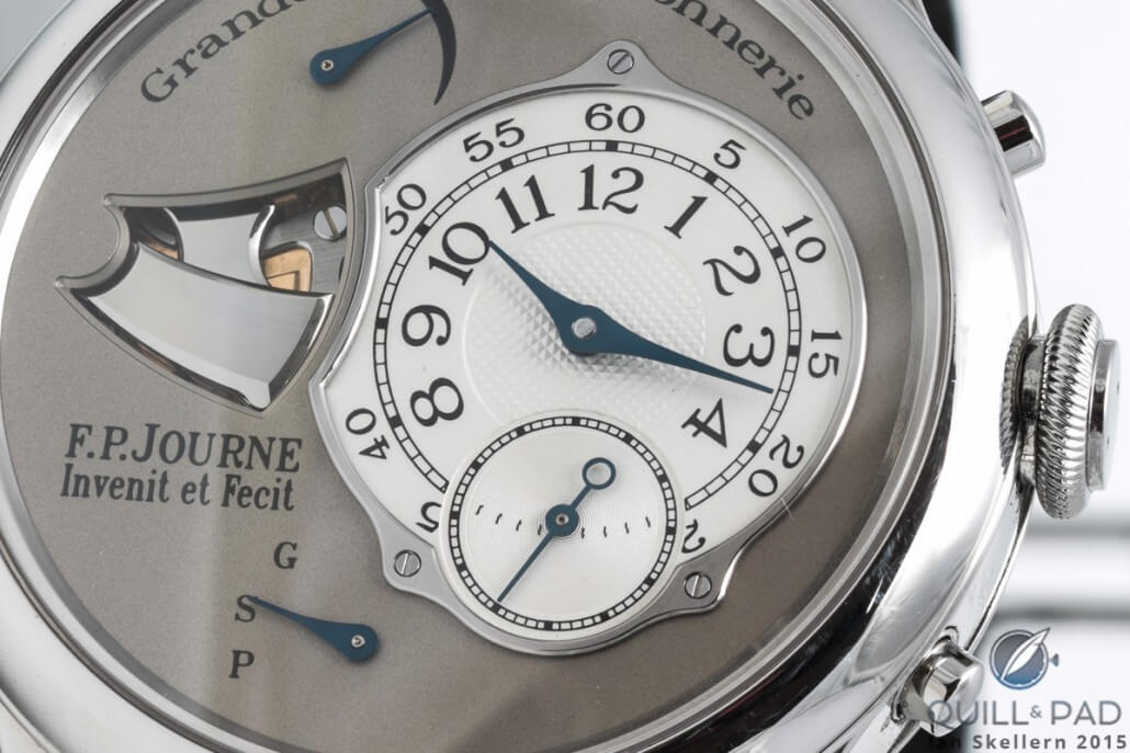 The striking hammers of the F.P. Journe Sonnerie Souveraine can be seen in the opening to the left of the time indication subdial
