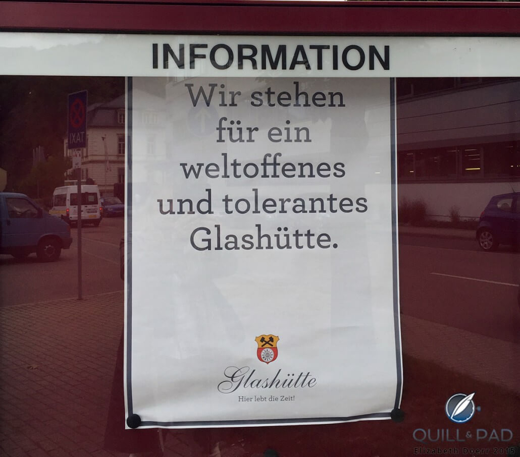 This city government sign seen in September 2015 at a central intersection in Glashütte reads, “We stand for an open-minded and tolerant Glashütte.”