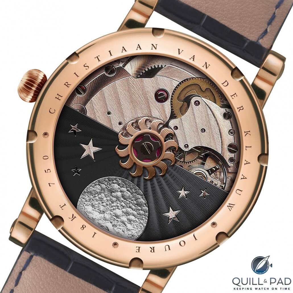 The beautiful view through the display black of the Christiaan van der Klaauw Real Moon Tides reveals the astronomically-themed rotor with its moon and stars and the nicely finished movement beneath