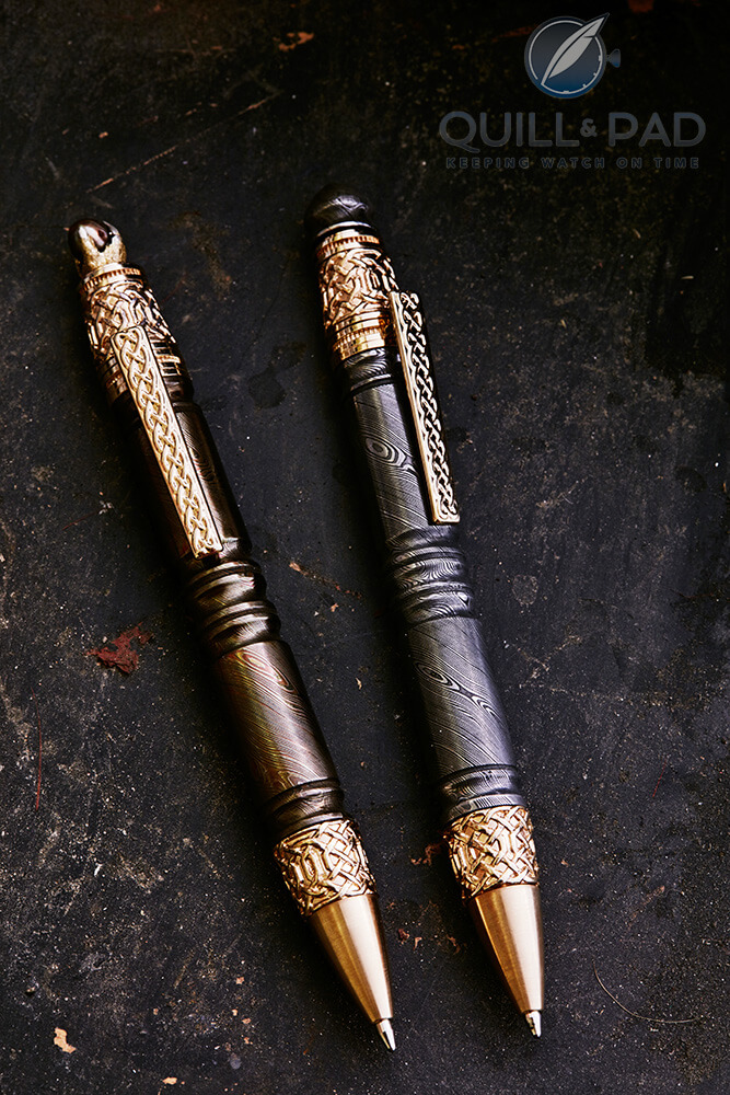 A pair of GoS pens with Damascus steel barrels and Viking knot interpretations on the clips and bands (photo courtesy Björn Dahlgren)