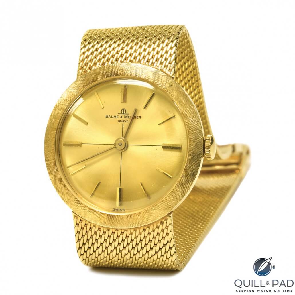 This 1969 14-karat gold Baume & Mercier was purchased by Elvis Presley; it bears a personal engraving to Armond Morales of the Imperials on the case back