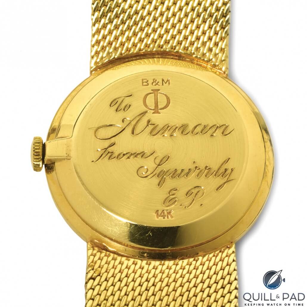 This 1969 14-karat gold Baume & Mercier was purchased by Elvis Presley; it bears a personal engraving to Armond Morales of the Imperials on the case back