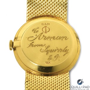 Inscribed back of the Baume & Mercier from 1969 bought by Elvis Presley (photo courtesy www.invaluable.com)