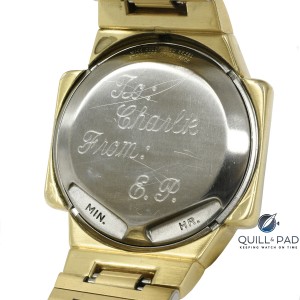 Inscribed back of the Baume & Mercier from 1969 bought by Elvis Presley (photo courtesy www.invaluable.com)