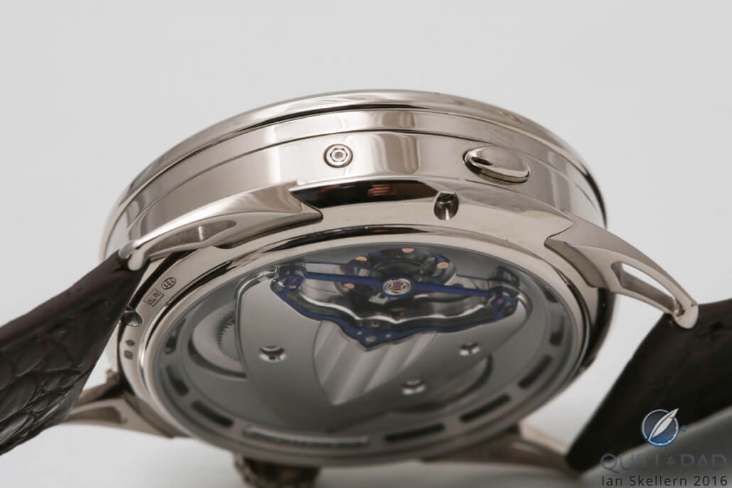 World time adjustment pusher neatly set into the case band of the De Bethune DB25 World