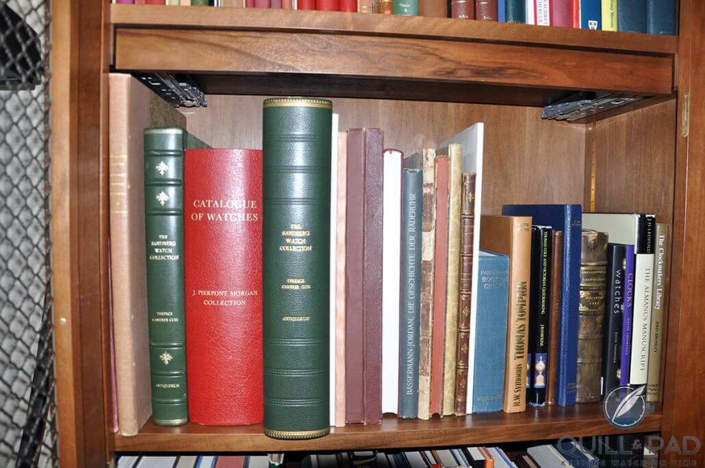 A few of the historic horological books in the F.P. Journe/Sabrier library at the Journe atelier in Geneva