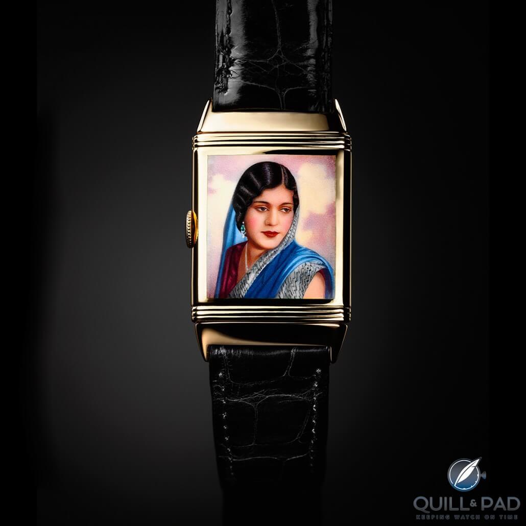 This yellow gold timepiece from 1936 displaying an Indian beauty is the earliest known enameled Reverso