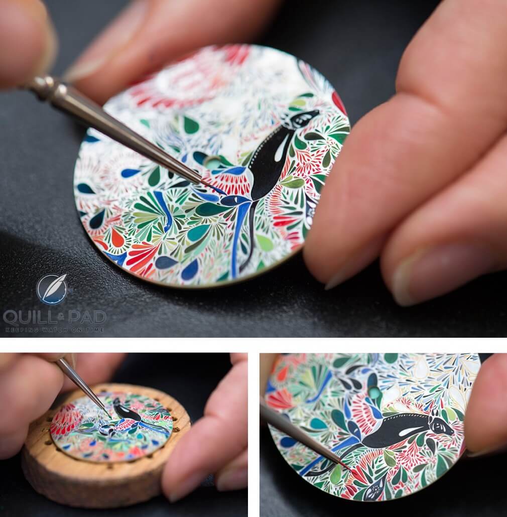 Painting the mother-of-pearl dial of the Slim d’Hermès Mille Fleurs du Mexique using a brush of just a couple of hairs