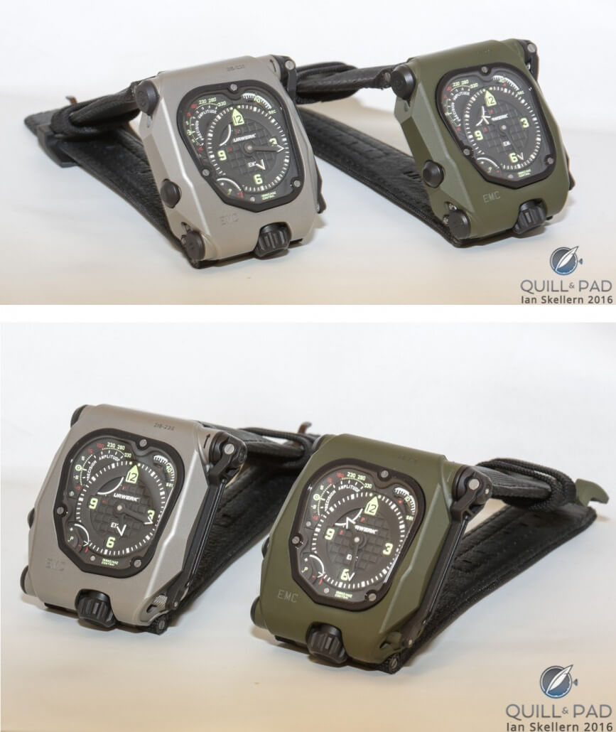 The two launch models of the Urwerk EMC2 in natural titanium/steel and green ceramic-coated titanium/steel