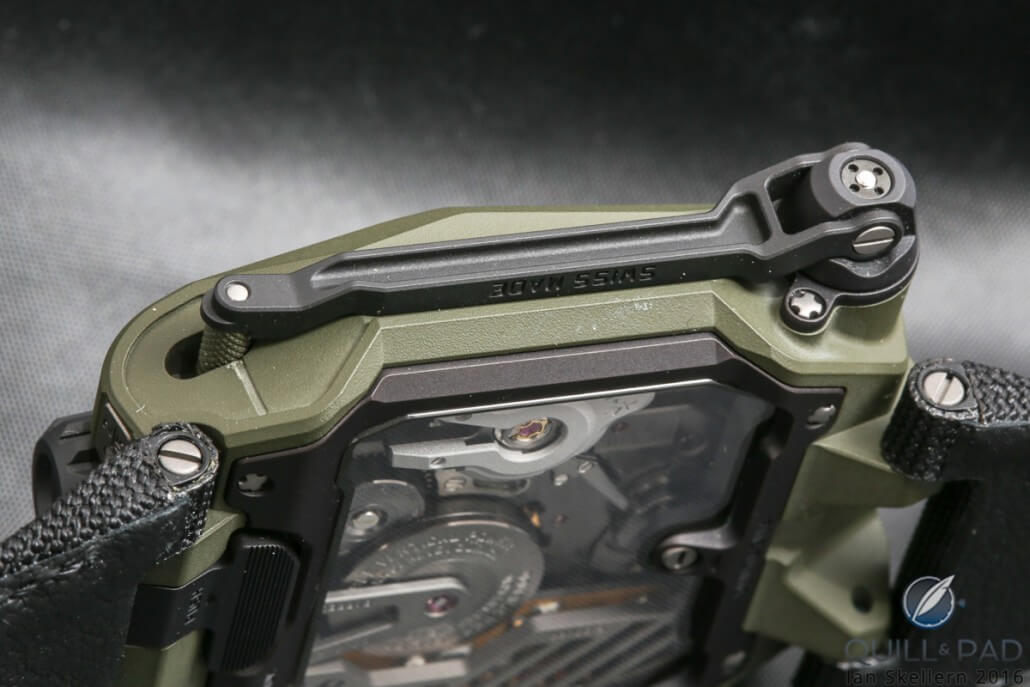 The integrated fold-out crank handle of Urwerk's EMC2