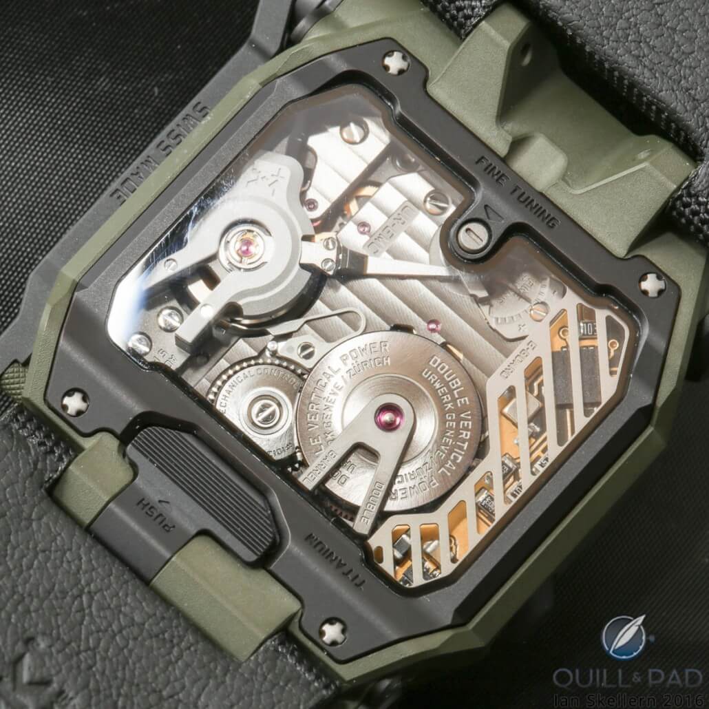 View through the display back of the Urwerk EMC2 to the manufacture movement within