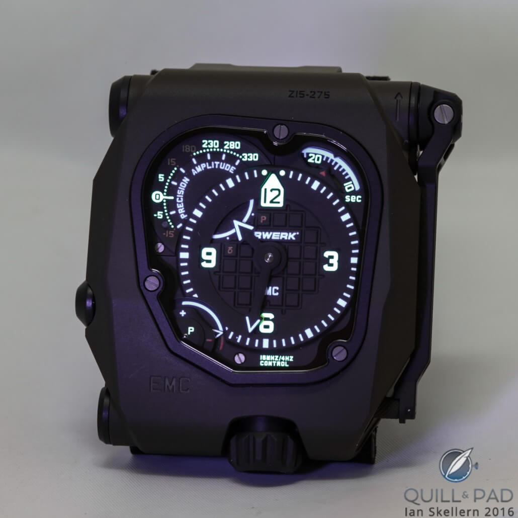 Turning the lights low makes the lume pop on the Urwerk EMC2