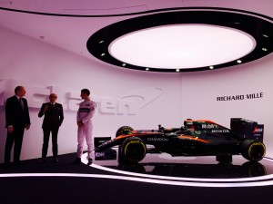 Ron Dennis, Richard Mille, and Jenson Button at the partnership introduction at McLaren Technology Center in Woking, England
