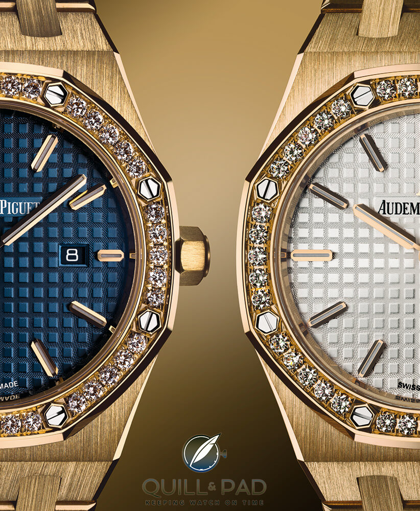 Two 33 mm diamond-set quartz models from the 2016 Audemars Piguet Royal Oak collection in yellow gold