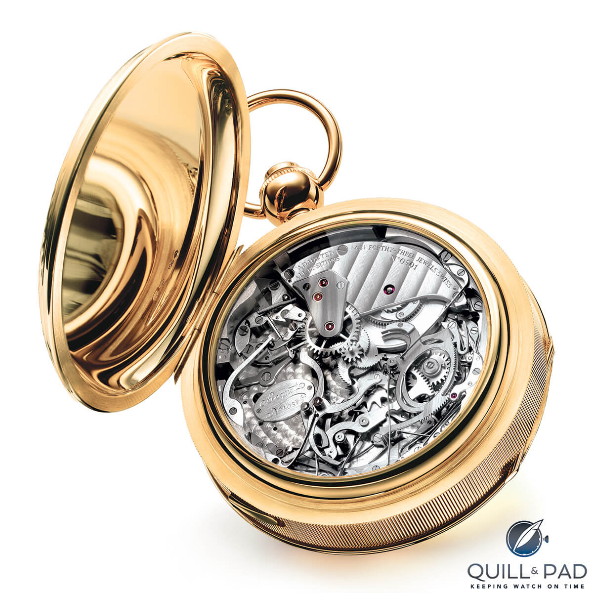 Lifted cover for a view through the display back of the Breguet Reference 1907 pocket watch