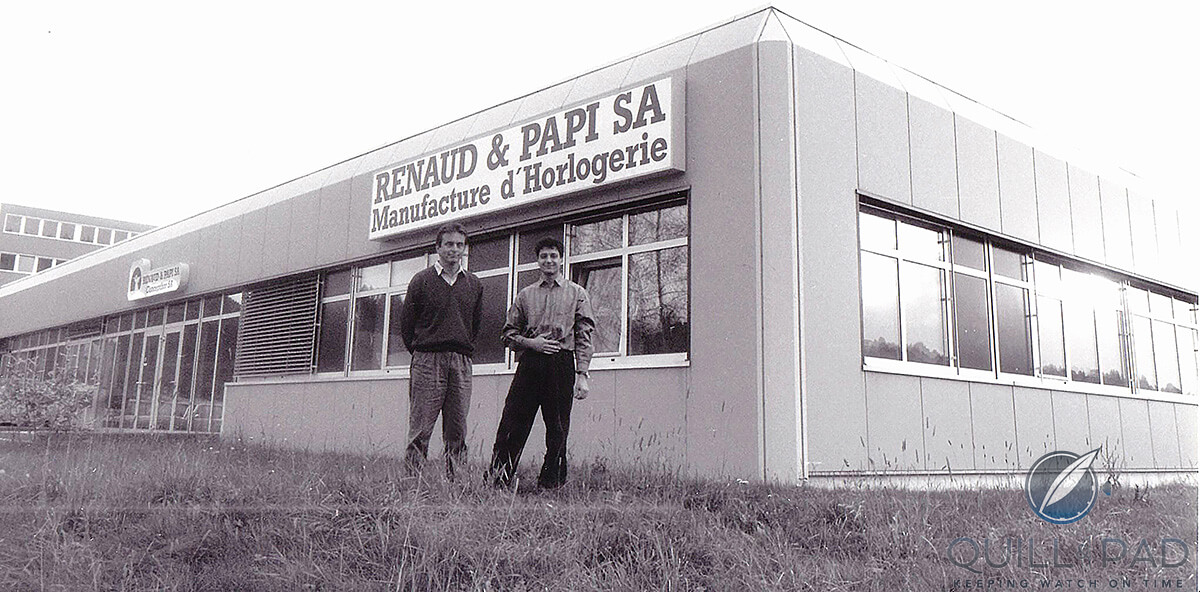 Dominique Renaud (left) and Giulio Papi in 1990 outside Renaud & Papi in Le Locle, Switzerland