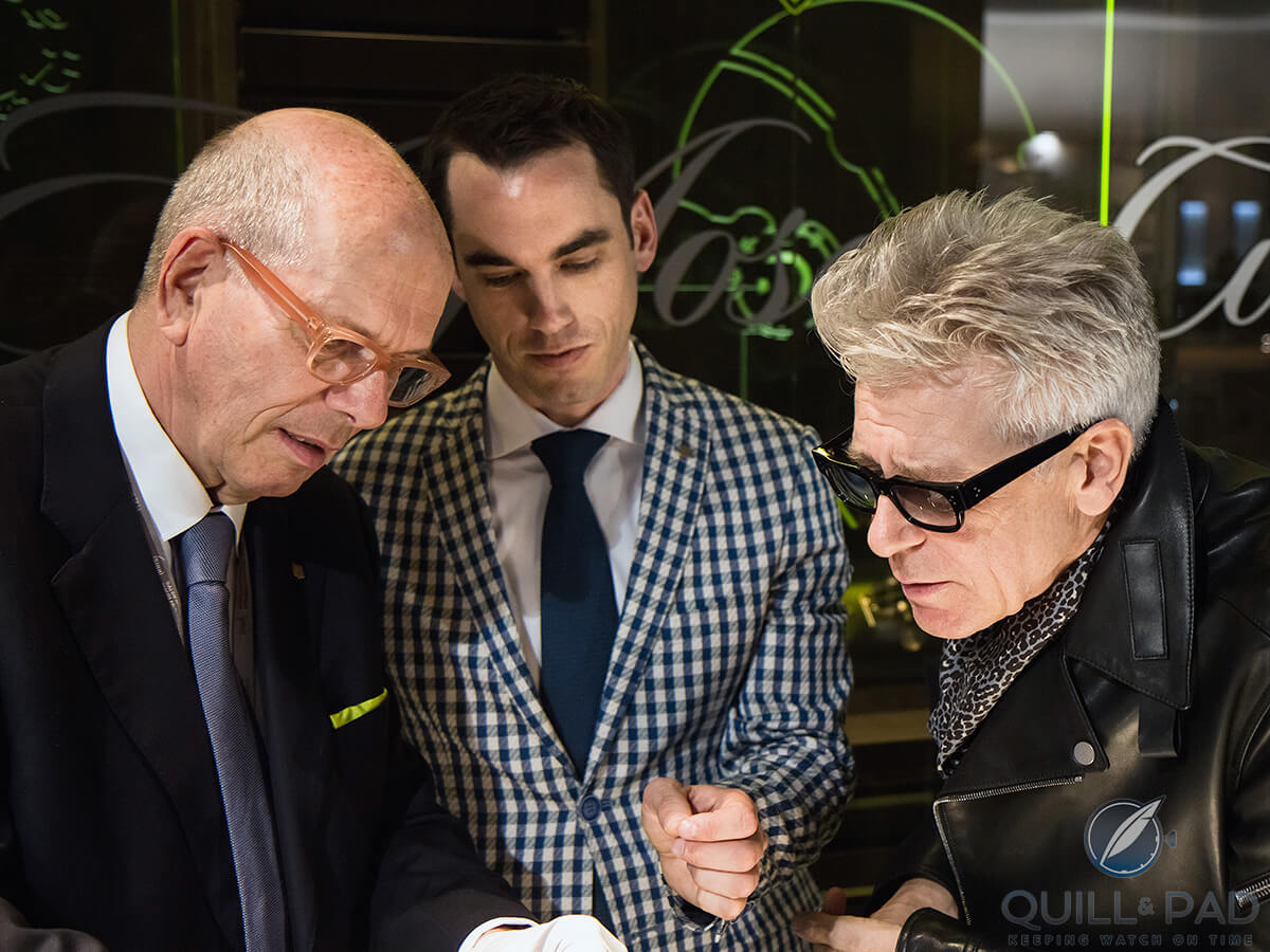 Georges-Henri Meylan (left), president of Moser and Hautlence parent company MELB Holding, Edouard Meylan CEO of H. Moser & Cie, and U2 bassist Adam Clayton at SIHH 2016