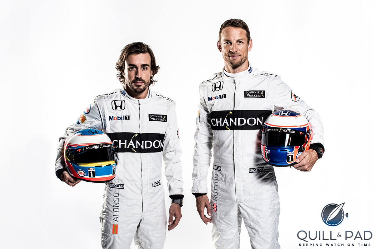 McLaren Formula 1 drivers Fernando Alonso and Jenson Button, both wearing Richard Mille RM 011 models on the wrist