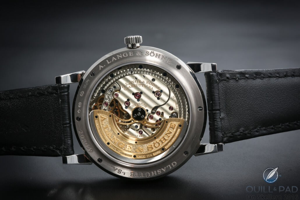 View through the display back of the A. Lange & Söhne Lange 1 Tourbillon Perpetual Calendar