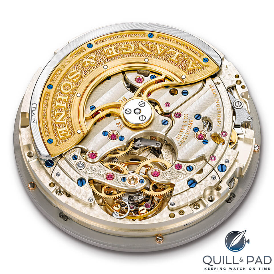 The beautifully finished movement of the A. Lange & Sohne Lange 1 Tourbillon Perpetual Calendar