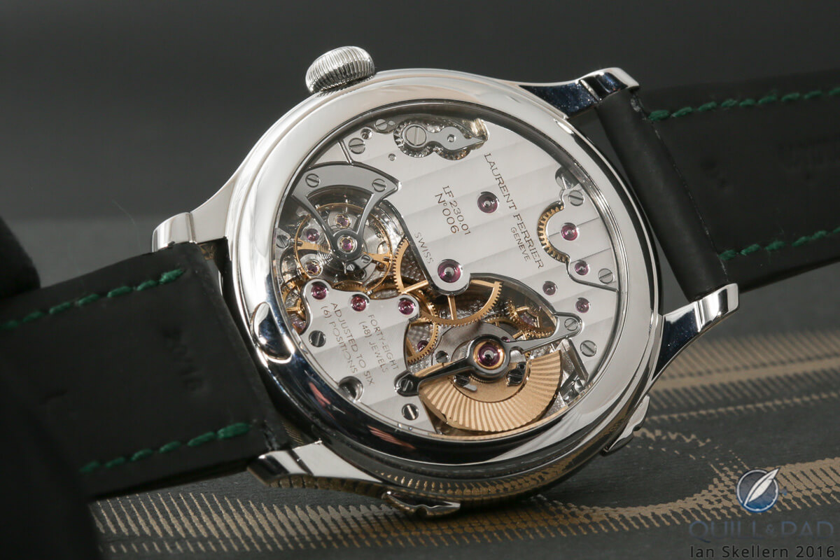 View through the display back to the beautifully finished movement of the Laurent Ferrier Galet Square Boréal