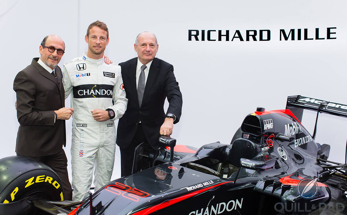 Richard Mille, Jenson Button and Ron McLaren announcing Richard Mille's sponsorship of the McLaren Formula 1 team