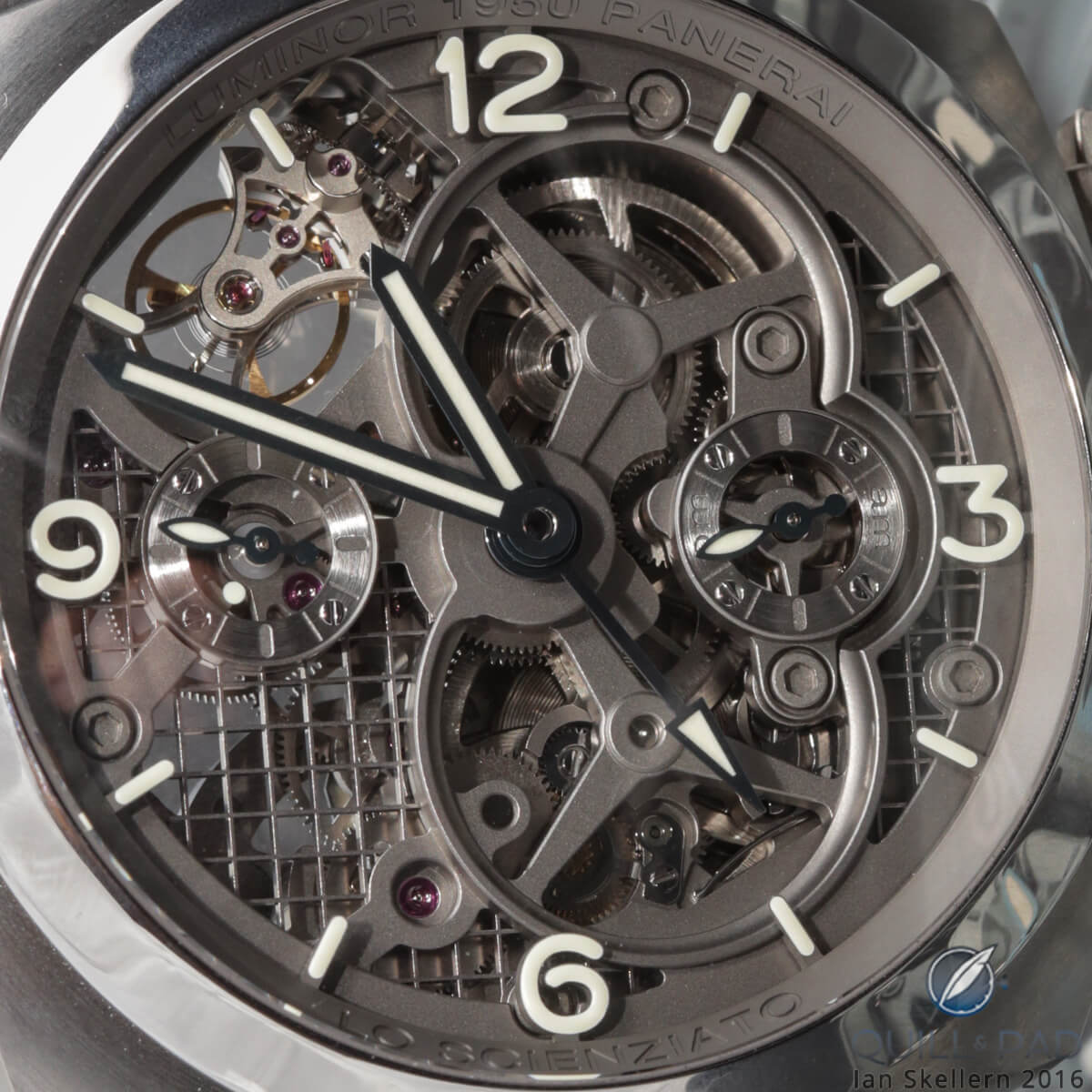 Close look at the dial of the Panerai Lo Scienziato Luminor 1950 Tourbillon GMT Titanium