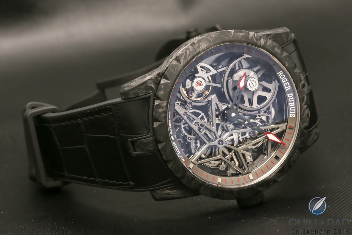 The distinctive forged carbon fiber case of the Excalibur Automatic Skeleton Carbon by Roger Dubuis