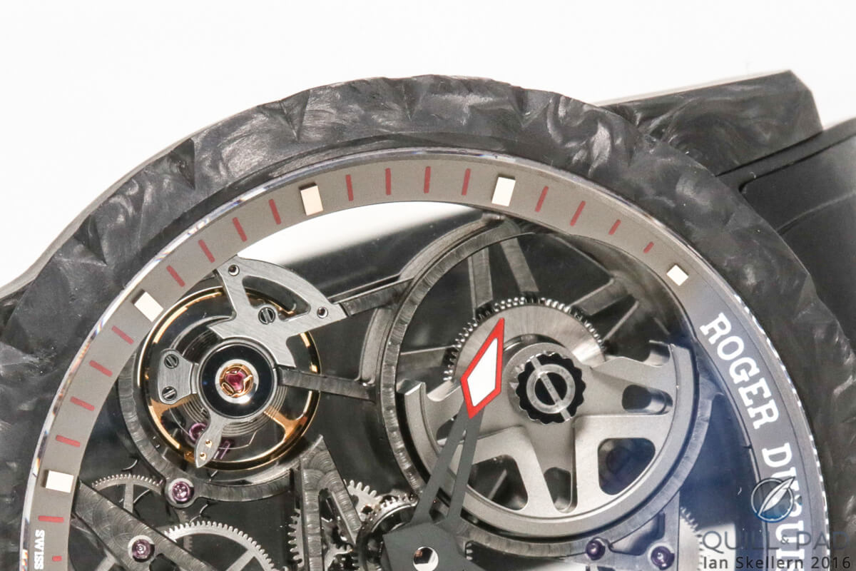 The distinctive look of forged carbon on the Roger Dubuis Excalibur Automatic Skeleton Carbon