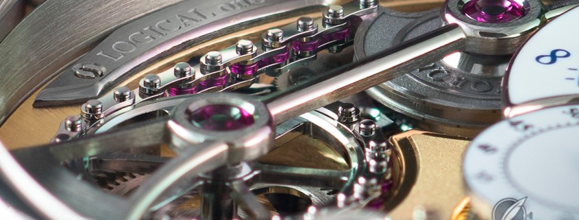 Ruby slippers: movement detail showing ruby bearings on constant torque chain of the Romain Gauthier Logical One